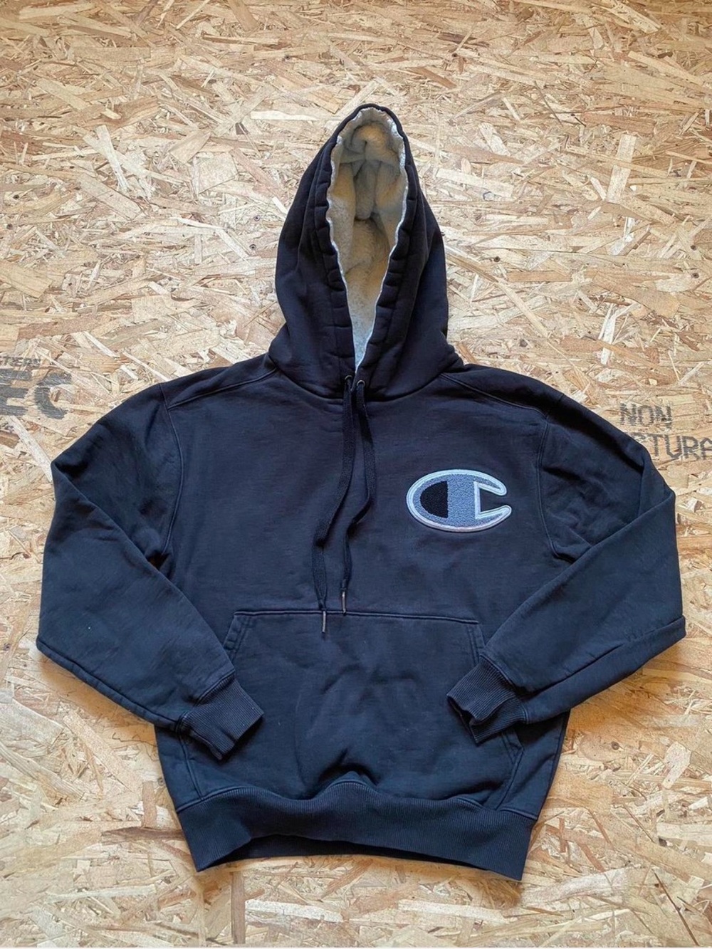 Champion Black Hoodie with Cream Sherpa Lined Hood and Chest Logo-Small